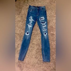 Hollister high rise dark wash super skinny jeans covered rips size 0R